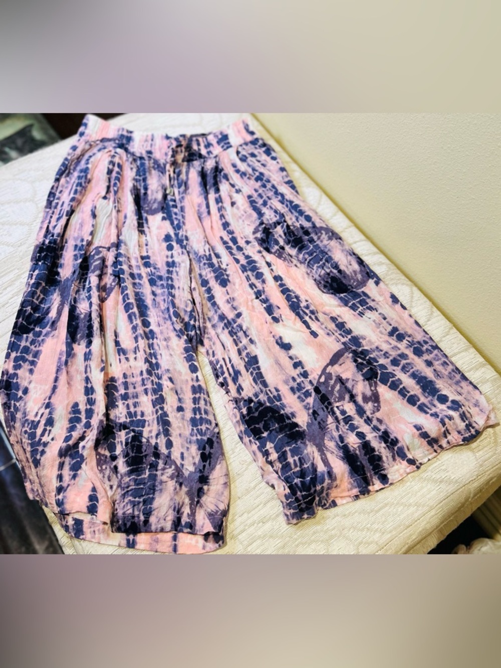 NWOT DKNY Blue Pink Tie Dye Wide Leg Palazzo Culotte Pants Women's Size Small